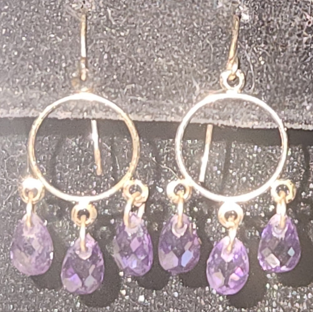 Amythest Briolette Cut Dangle Earrings Set In 14kt Yellow Gold - Picture 8 of 11